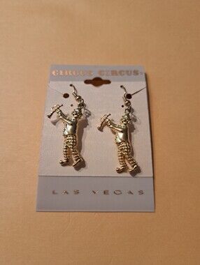 New Circus Circus Las Vegas Gold Tone Clown Dangle Drop Earrings
